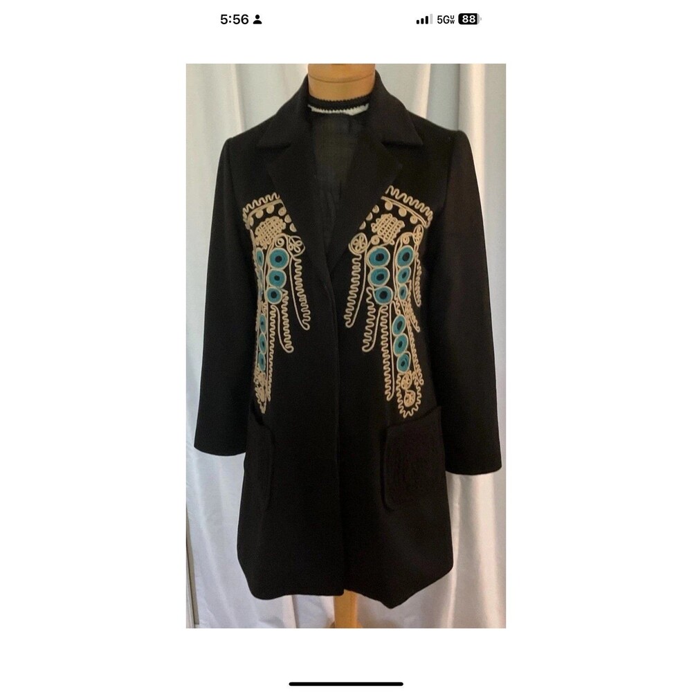 PRADA Women’s Sz 38 (4) Black Mid Length Coat 100% Wool Embroidered Vintage HTF